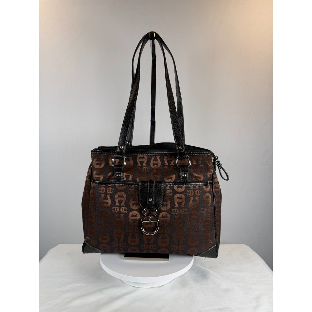 Etienne Aigner Brown Monogram Canvas Tote Leather Trim Shoulder Bag Medium - Picture 7 of 9